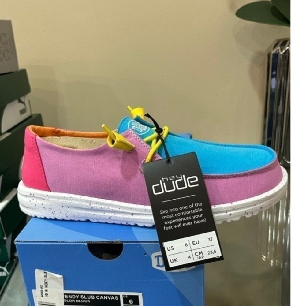 Hey Dude NEW Wendy Slub Canvas Color Block Shoes Women Size 6  Pink Blue Yellow